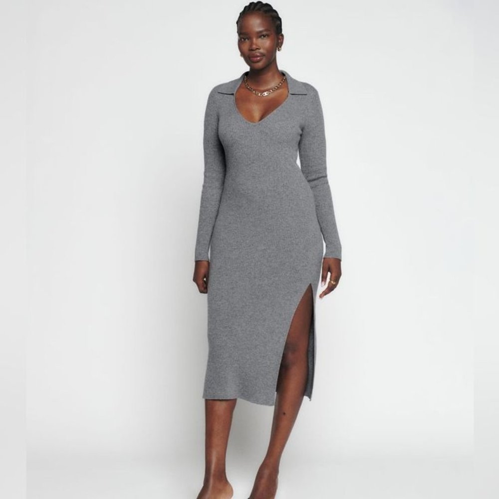NWT $328 Reformation Bellini Cashmere Collared Sweater Dress Gray XS Cashmere